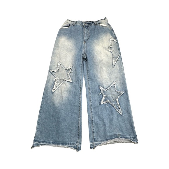 SHEIN Denim - SHEIN Curve Jeans Womens 0XL Light Wash Star Patchwork Wide Leg Distressed Denim